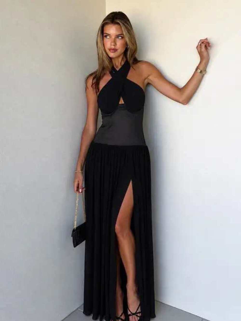 Majorelle Tia Maxi Dress in Black Wrap Hatler Satin Corset Small